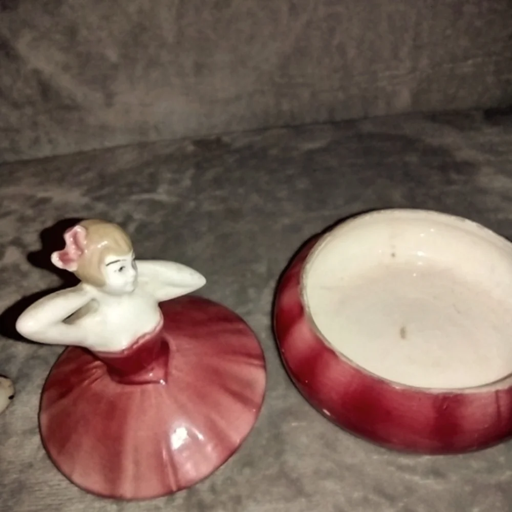 Vintage West Germany Porcelain Mauve Dancer Trinket Box with Lid